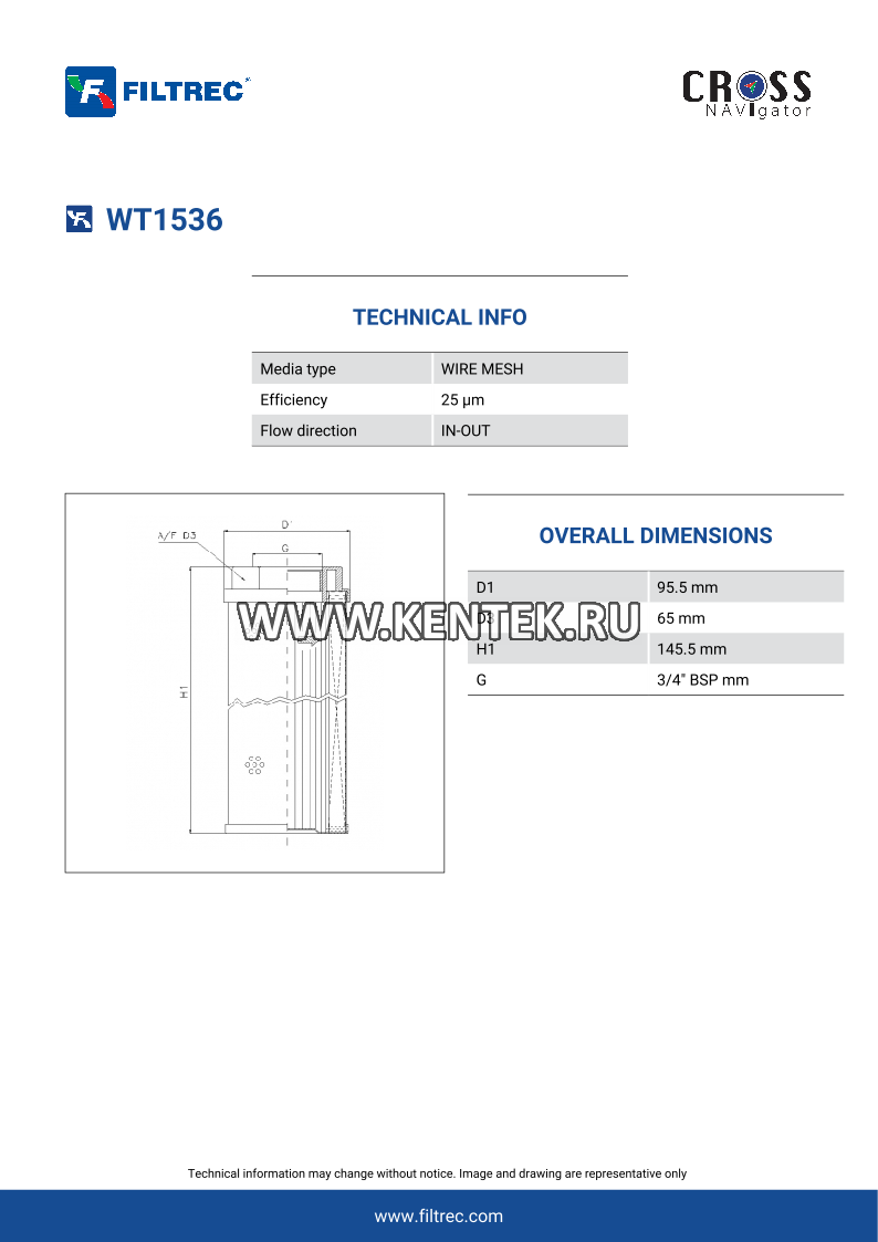 гидравлический фильтр элемент FILTREC WT1536 FILTREC  - фото, характеристики, описание.