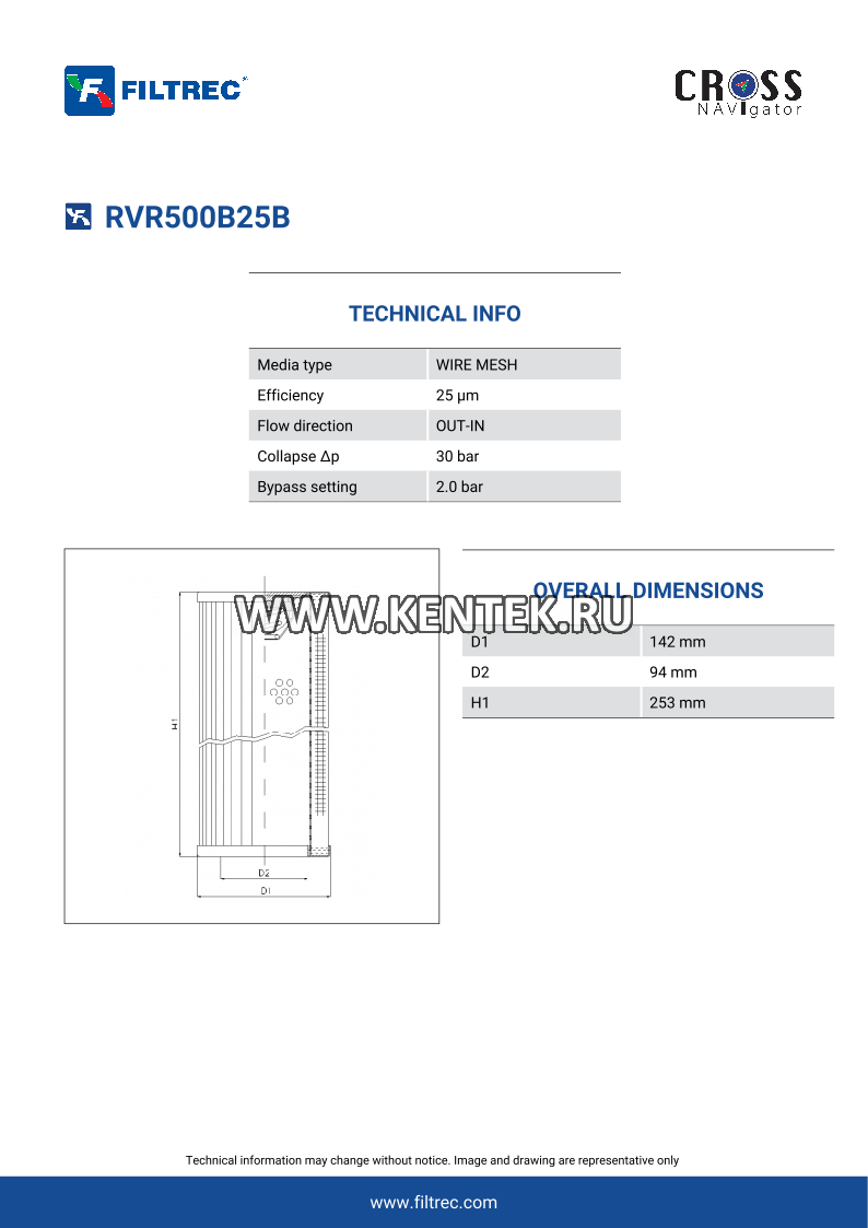 гидравлический фильтр элемент FILTREC RVR500B25B FILTREC  - фото, характеристики, описание.