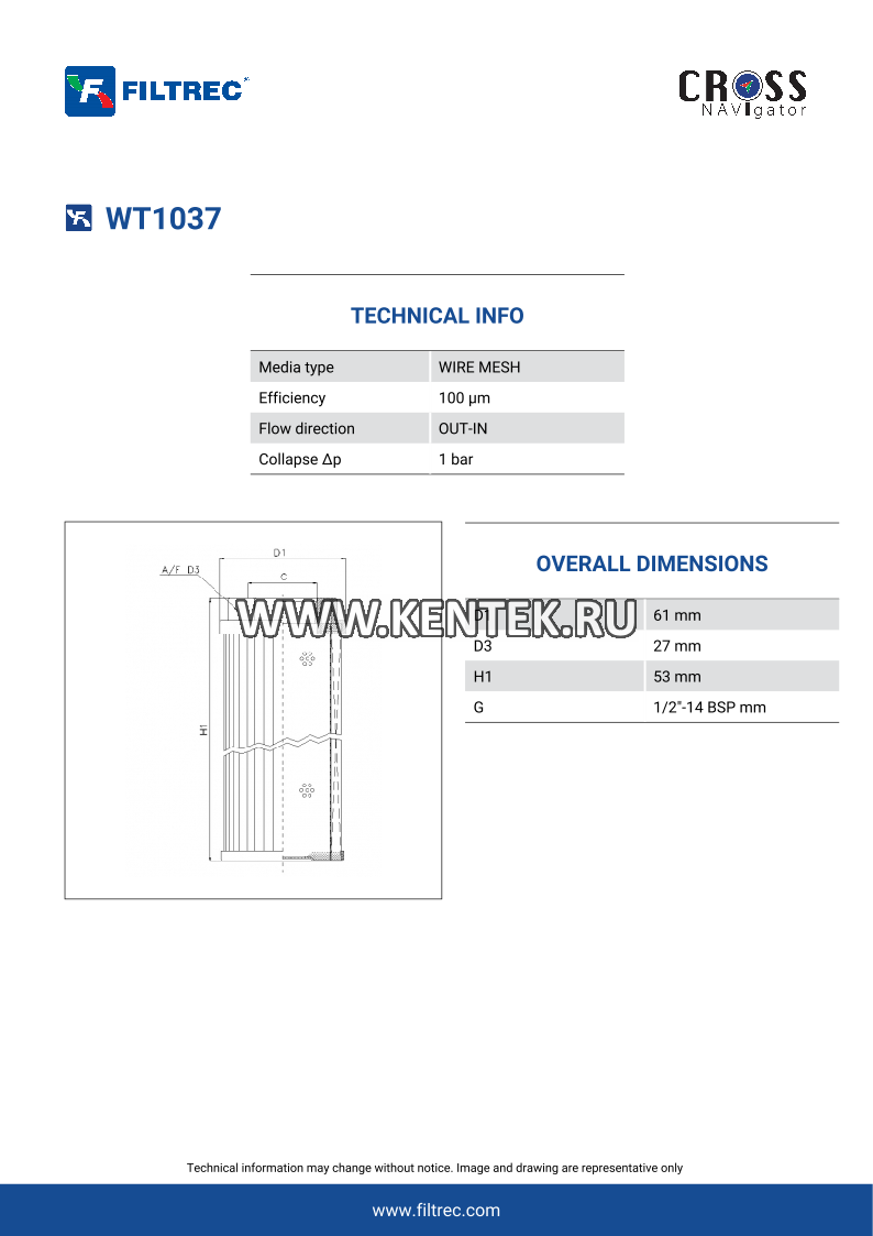 гидравлический фильтр элемент FILTREC WT1037 FILTREC  - фото, характеристики, описание.