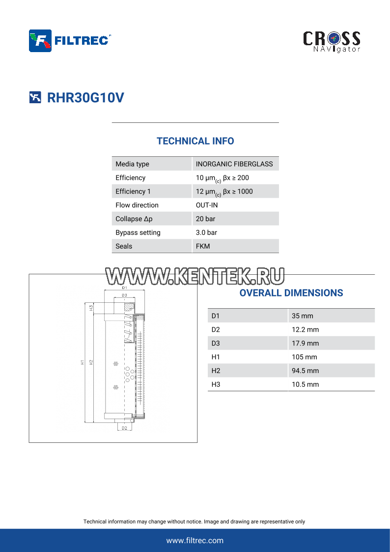 гидравлический фильтрэлемент FILTREC RHR30G10V FILTREC  - фото, характеристики, описание.