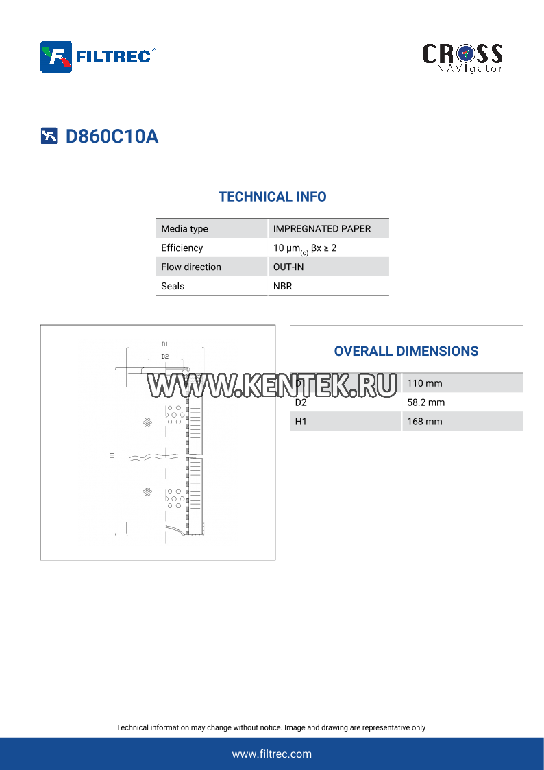 гидравлический фильтроэлемент FILTREC D860C10A FILTREC  - фото, характеристики, описание.