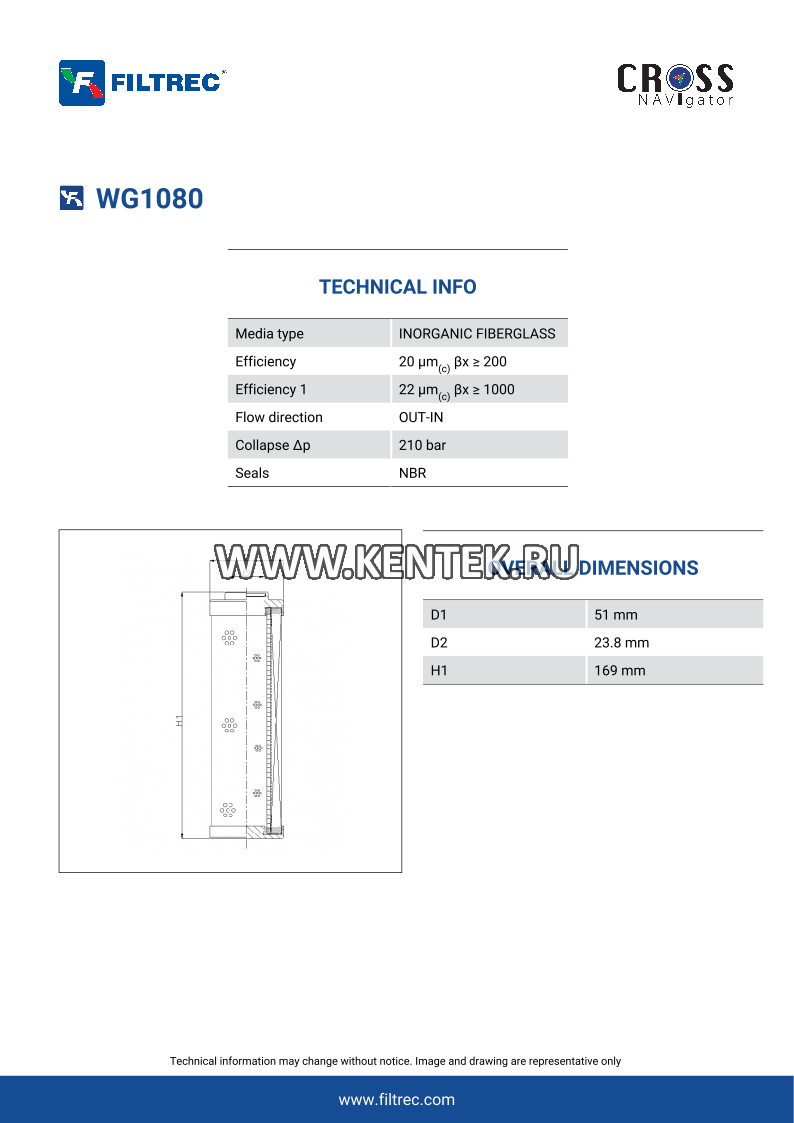 Гидравлический фильтр-элемент FILTREC WG1080 FILTREC  - фото, характеристики, описание.