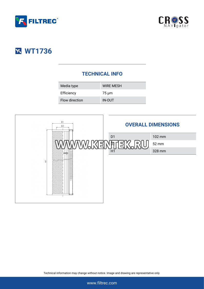 гидравлический фильтр элемент FILTREC WT1736 FILTREC  - фото, характеристики, описание.