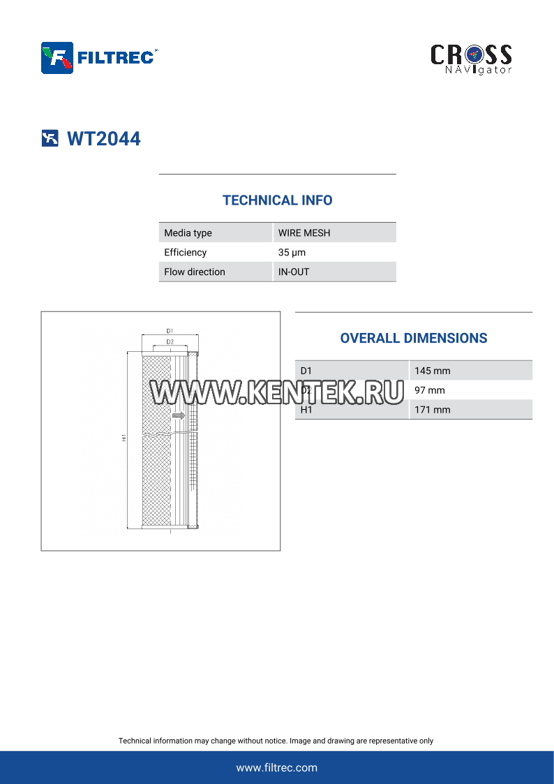 Гидравлический фильтр-элемент FILTREC WT2044 FILTREC  - фото, характеристики, описание.