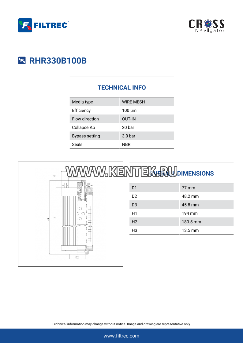 гидравлический фильтрэлемент FILTREC RHR330B100B FILTREC  - фото, характеристики, описание.