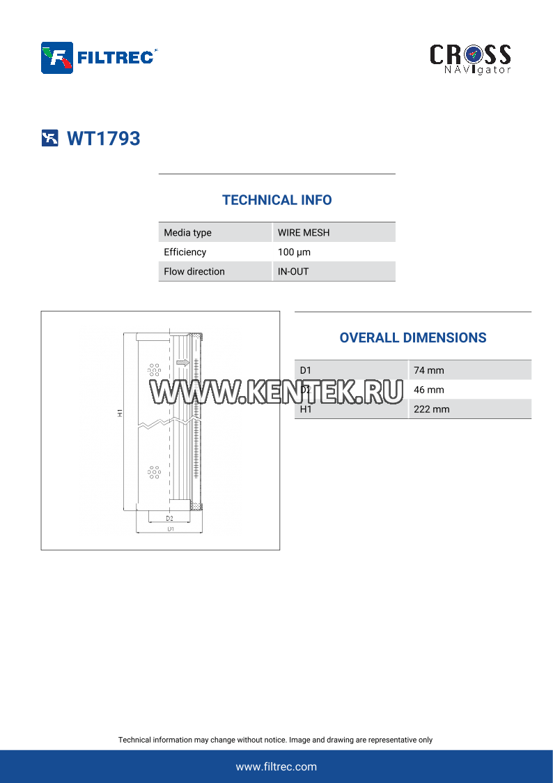 гидравлический фильтр элемент FILTREC WT1793 FILTREC  - фото, характеристики, описание.