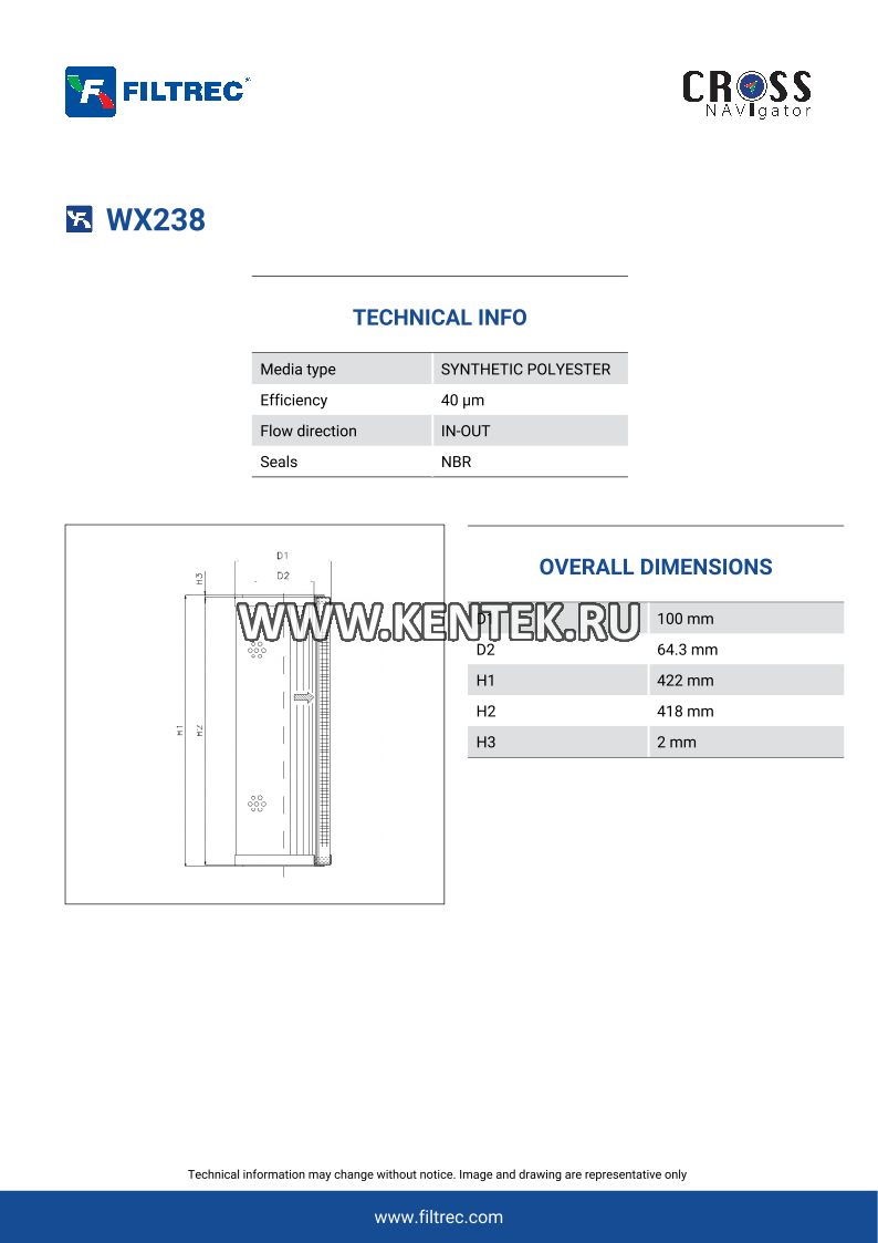 гидравлический фильтр элемент FILTREC WX238 FILTREC  - фото, характеристики, описание.