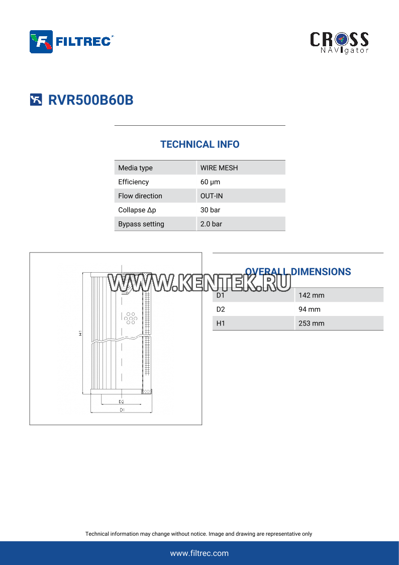 гидравлический фильтр элемент FILTREC RVR500B60B FILTREC  - фото, характеристики, описание.