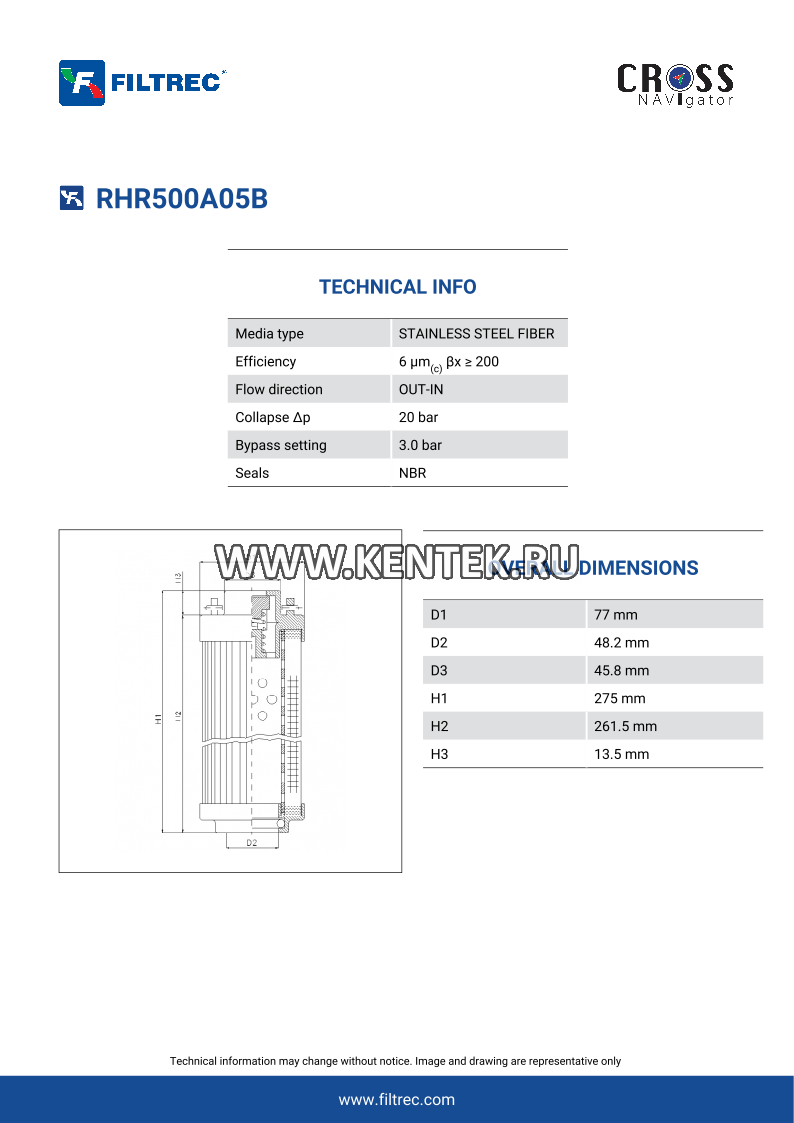 гидравлический фильтрэлемент FILTREC RHR500A05B FILTREC  - фото, характеристики, описание.