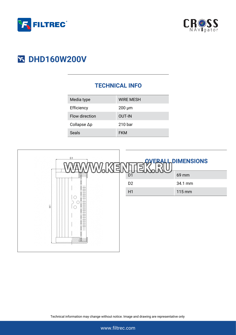 Гидравлический фильтр-элемент FILTREC DHD160W200V FILTREC  - фото, характеристики, описание.