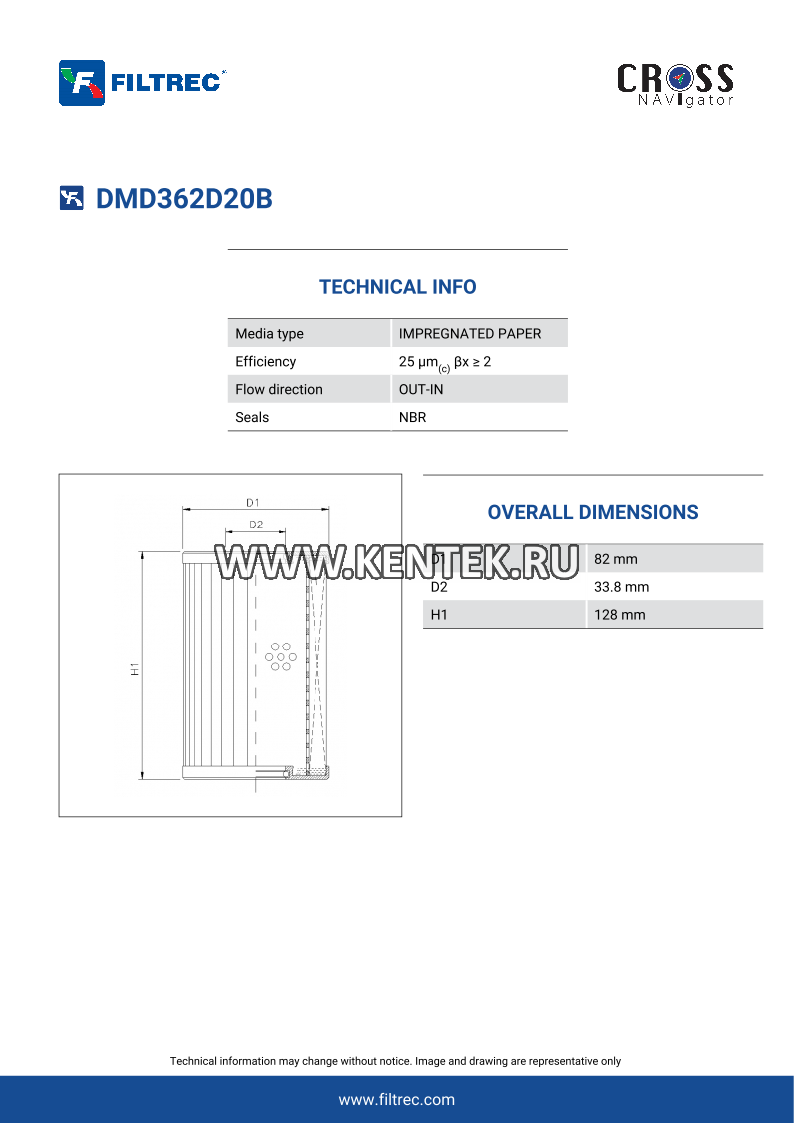 гидравлический фильтроэлемент FILTREC DMD362D20B FILTREC  - фото, характеристики, описание.