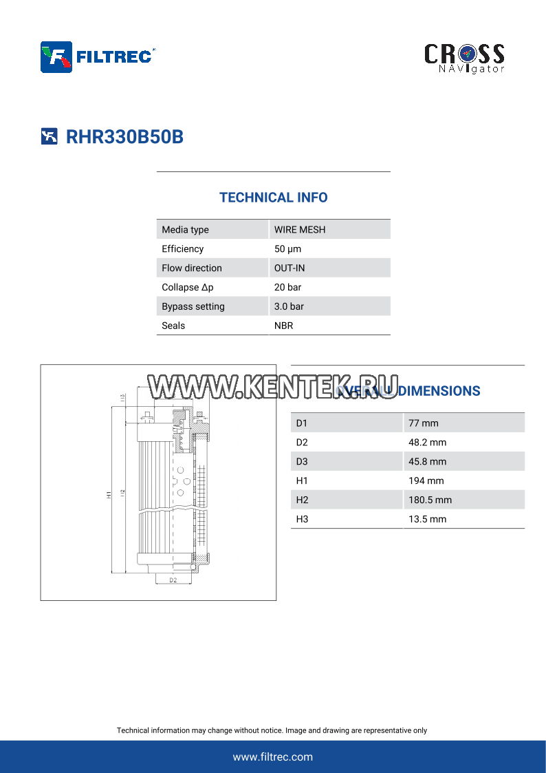 гидравлический фильтрэлемент FILTREC RHR330B50B FILTREC  - фото, характеристики, описание.