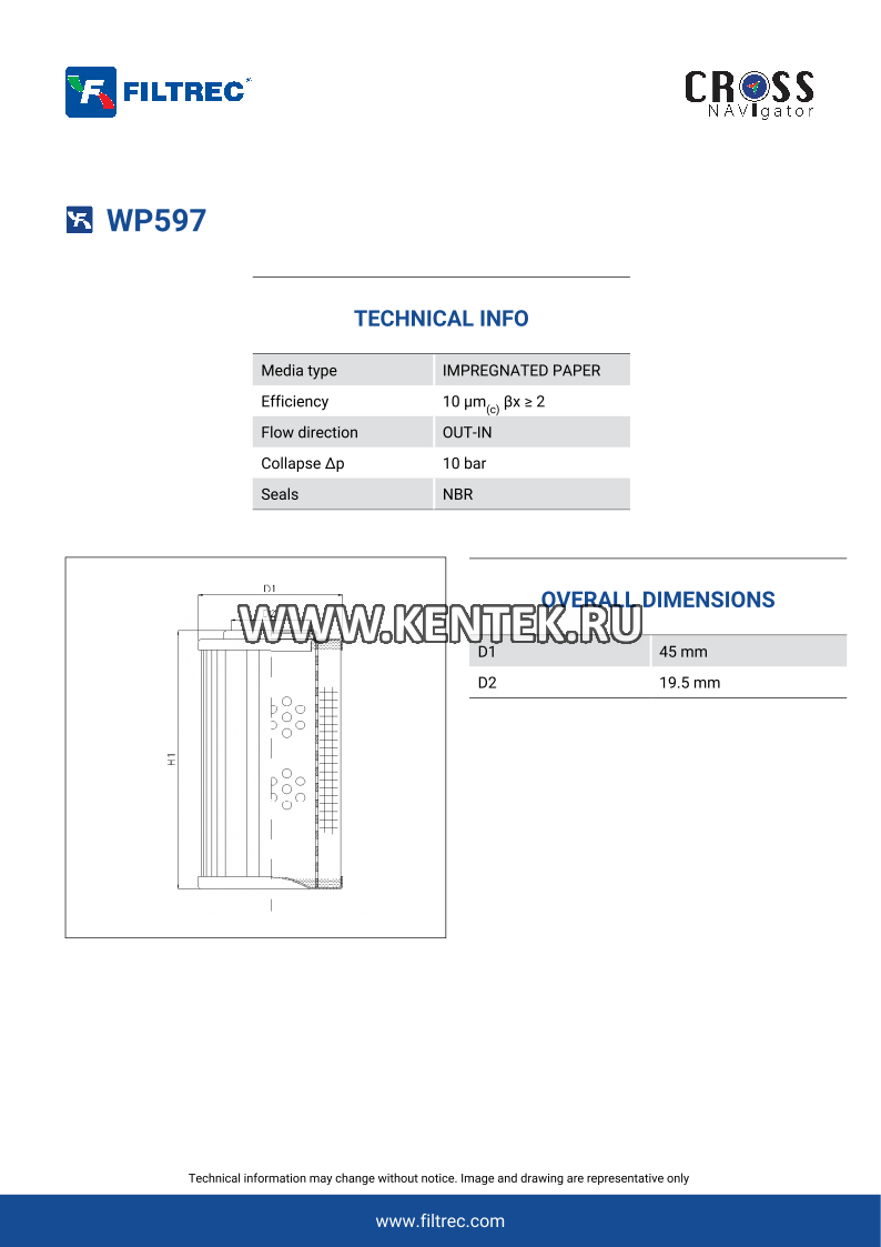 гидравлический фильтр элемент FILTREC WP597 FILTREC  - фото, характеристики, описание.