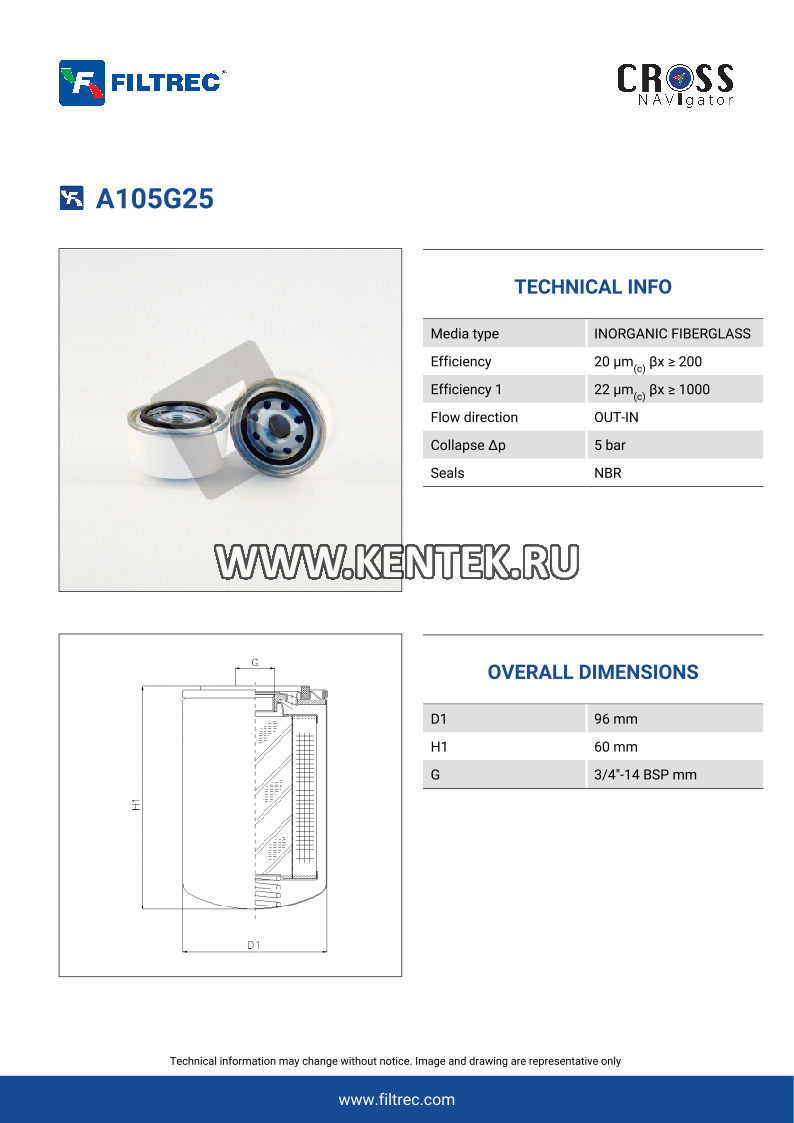Гидравлический фильтр FILTREC A105G25 FILTREC  - фото, характеристики, описание.