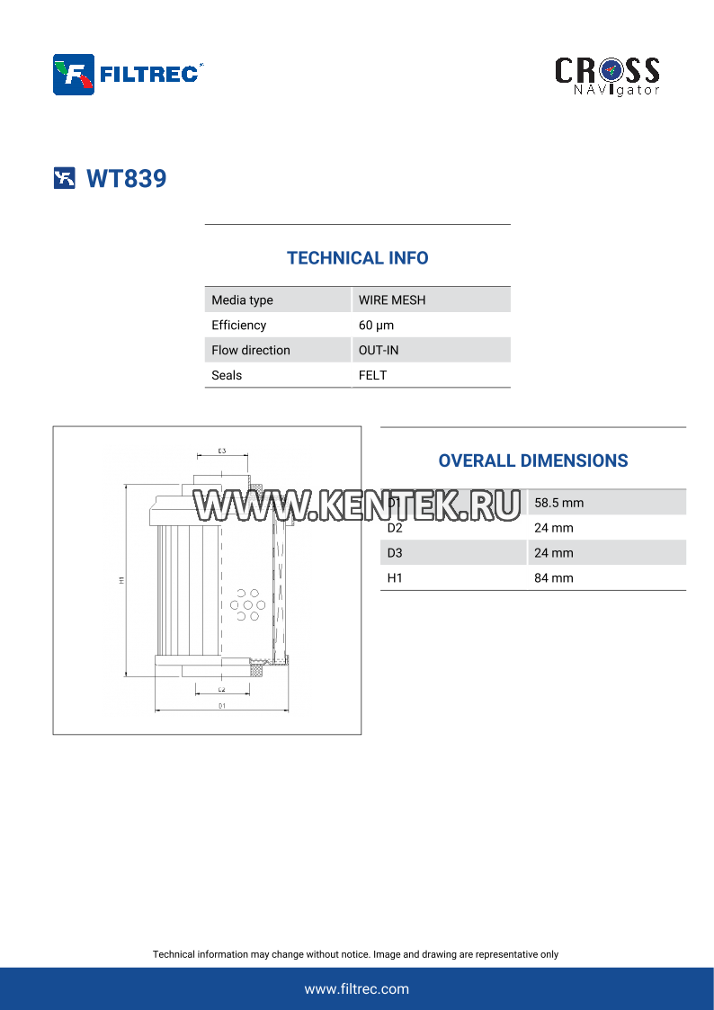 гидравлический фильтр элемент FILTREC WT839 FILTREC  - фото, характеристики, описание.