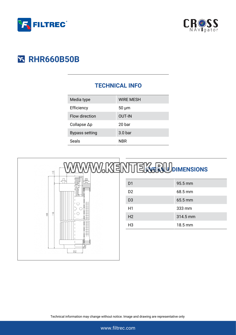 гидравлический фильтрэлемент FILTREC RHR660B50B FILTREC  - фото, характеристики, описание.
