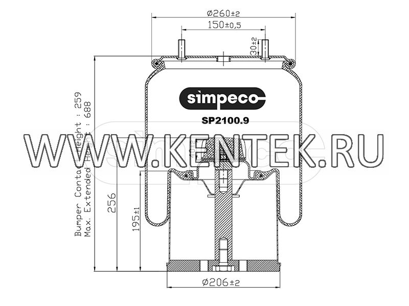 Пневморессора (со стальным стаканом) BPW о.н.542940281 (SP2100.9014) SIMPECO SIMPECO  - фото, характеристики, описание.