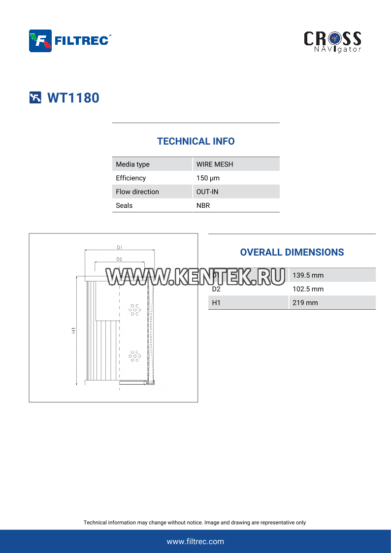 гидравлический фильтр элемент FILTREC WT1180 FILTREC  - фото, характеристики, описание.