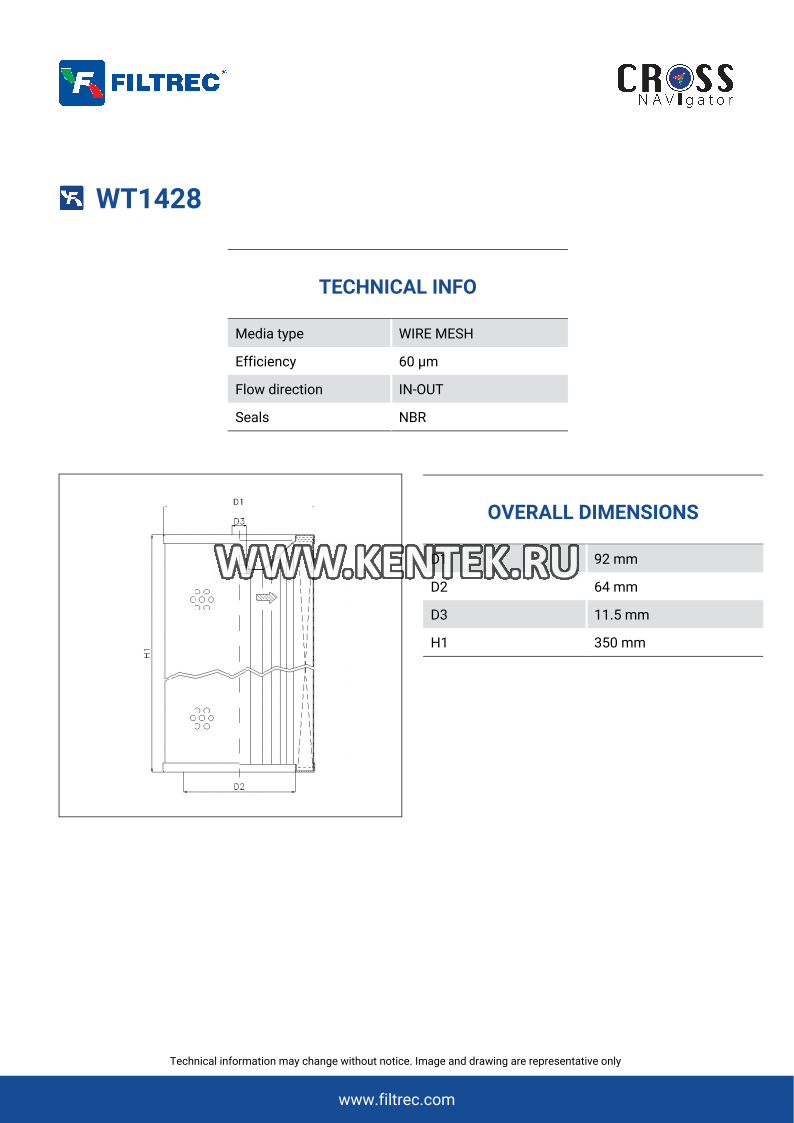 Гидравлический фильтр-элемент FILTREC WT1428 FILTREC  - фото, характеристики, описание.