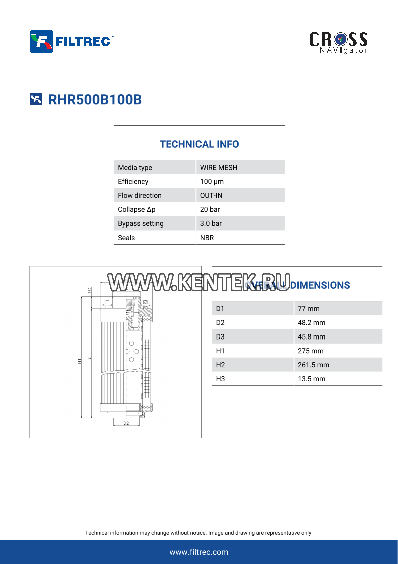 гидравлический фильтрэлемент FILTREC RHR500B100B FILTREC  - фото, характеристики, описание.