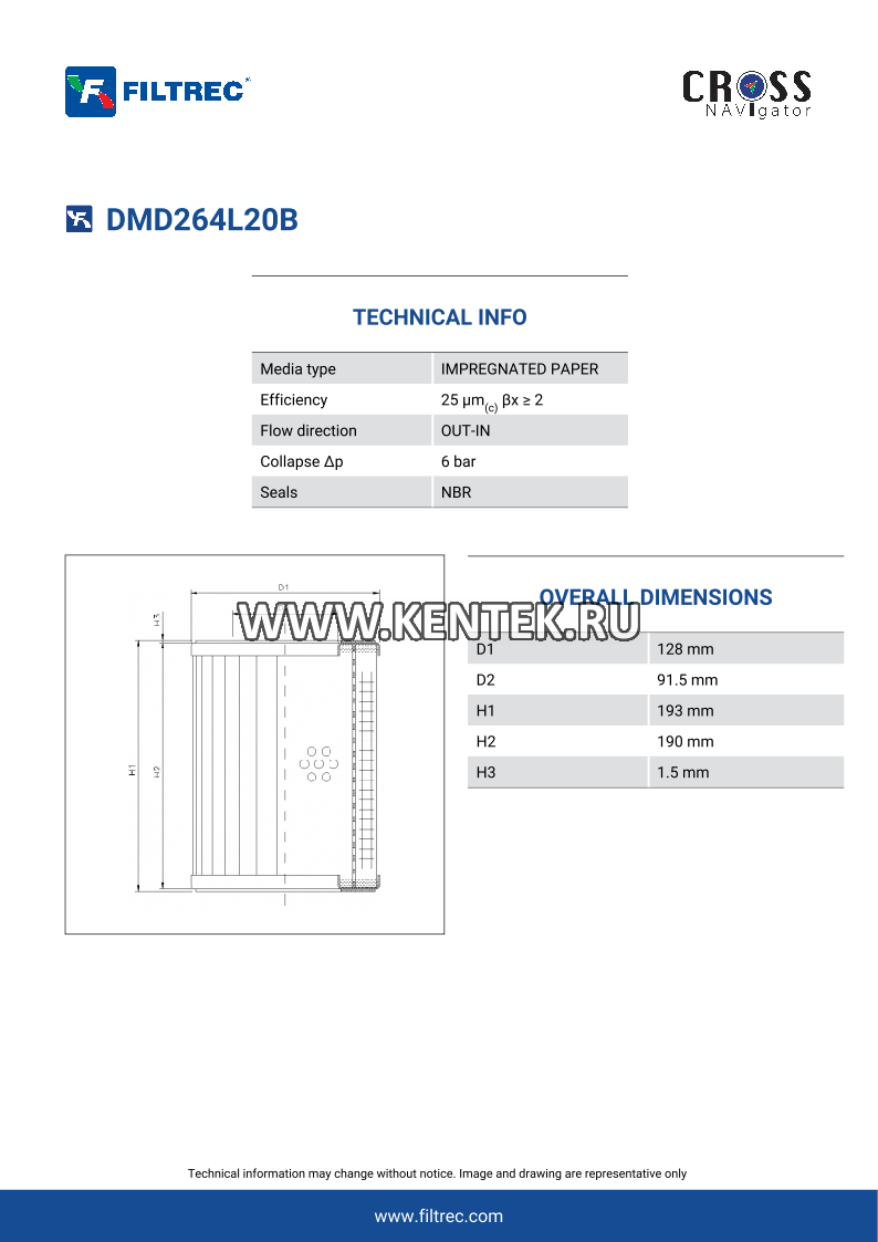 гидравлический фильтроэлемент FILTREC DMD264L20B FILTREC  - фото, характеристики, описание.